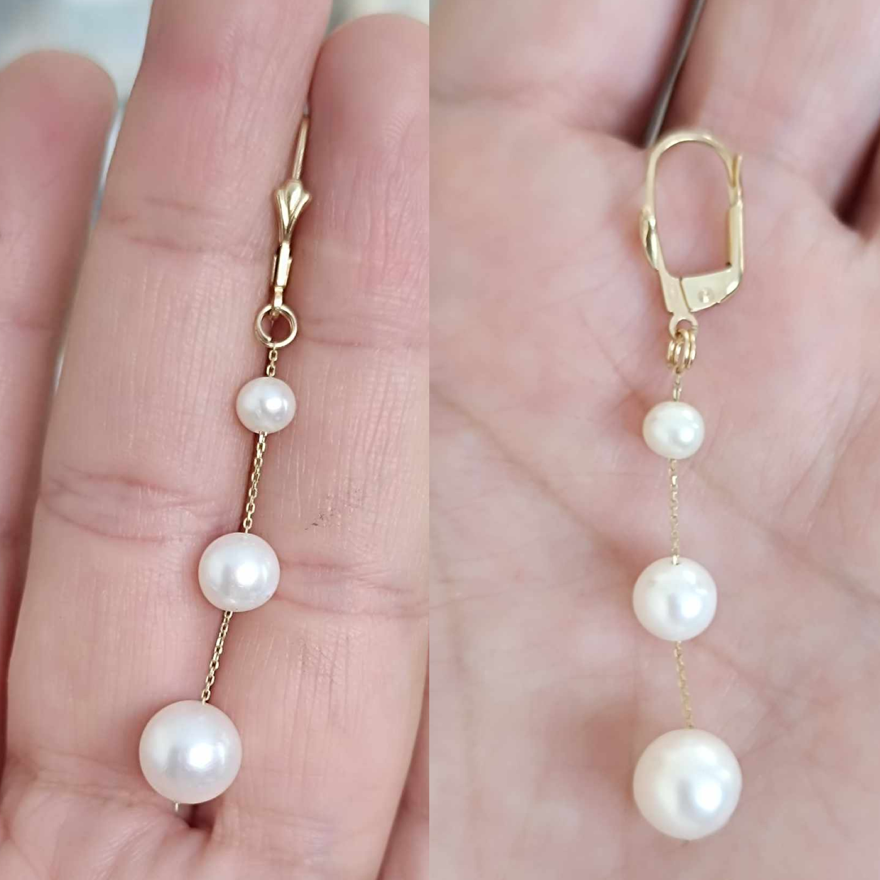 Cercei tripli cu perle naturale, aur 585, tortiță închisă – vedere în palmă